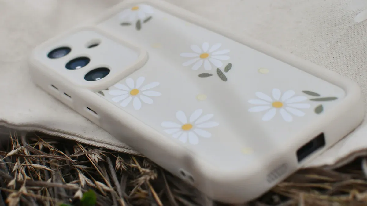 Weiße Handyhülle mit zartem Gänseblümchen-Muster, die DIY-Personalisierungsmöglichkeiten zeigt