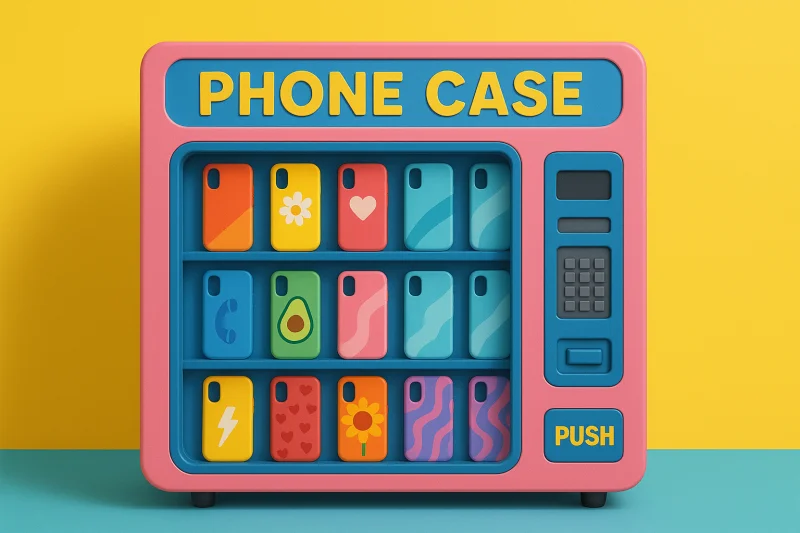 Colorful illustration of a DIY phone case vending machine with various phone cases displayed in compartments, featuring a yellow and blue color scheme