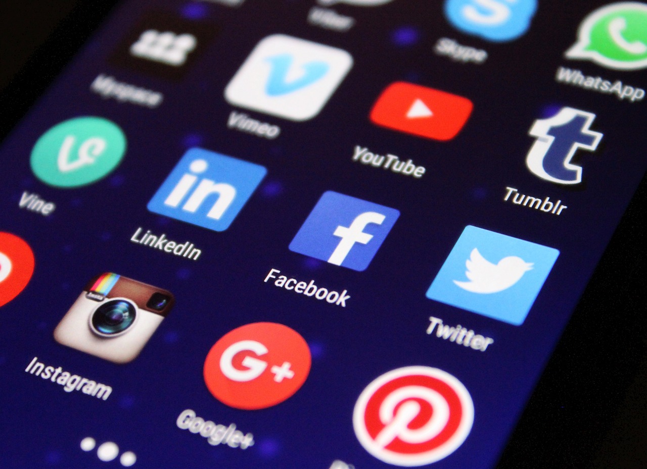 Social media application icons displayed on a mobile phone screen including Facebook, Twitter, LinkedIn, Instagram, YouTube, and other popular social networking platforms