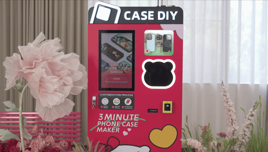 Phone case vending machine interface showing customization options and design templates for creating personalized phone cases