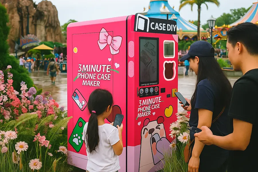 Personas usando una máquina expendedora de fundas para teléfonos en un parque de atracciones